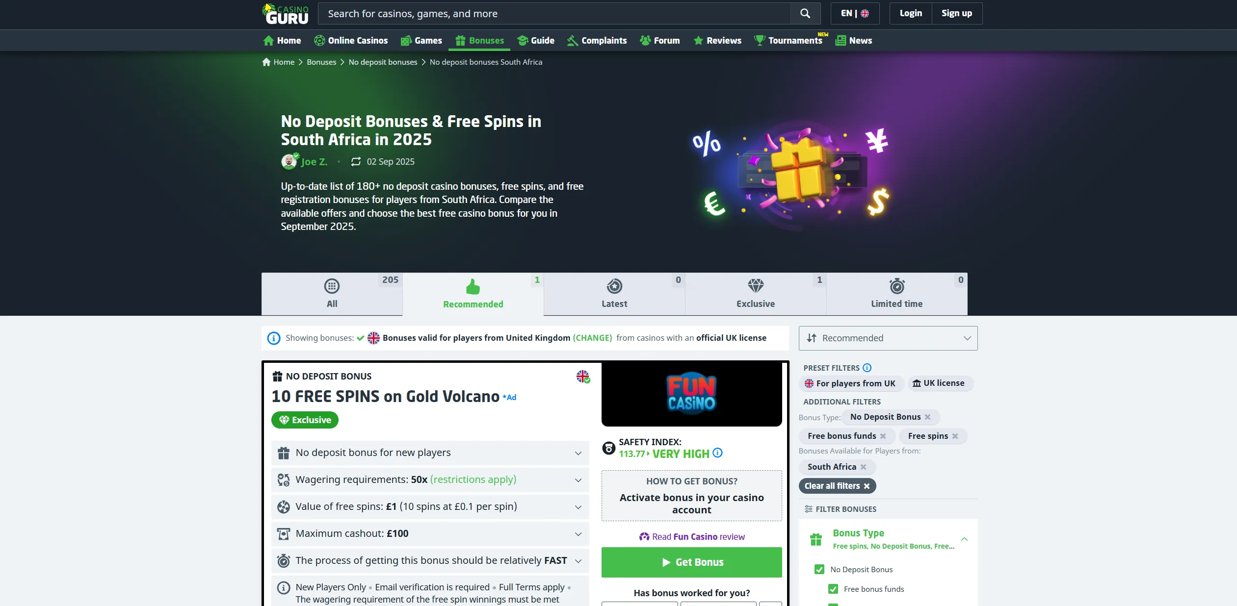 Screenshot of Casino.guru - No Deposit Casino - R250 for free to test Springbok Casino